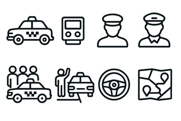 Transportation linear icon set. featuring taxi, meter, driver, passengers, steering wheel, map