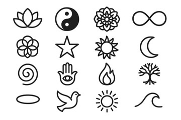 Spirituality and nature linear icon set. featuring lotus, yin yang, mandala, infinity, moon, tree, dove, wave symbols