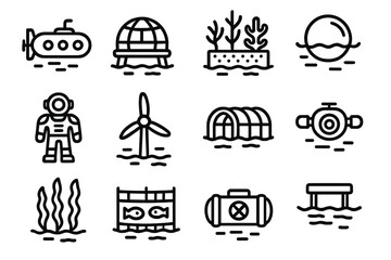 Underwater research linear icon set. featuring submarine, habitat, seaweed, coral, astronaut, turbine, and more