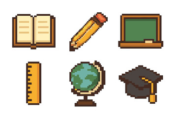 Education flat icons set. featuring book, pencil, chalkboard, ruler, globe, mortarboard symbols