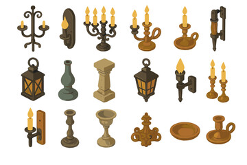 Antique lighting silhouette icon set. featuring candelabra, lantern, candlestick, sconce, torch, and lamp symbols