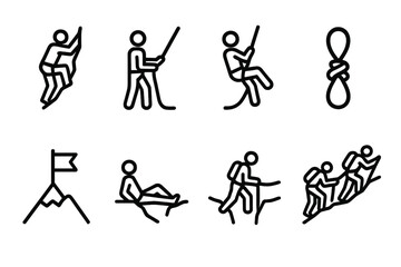 Outdoor adventure silhouette icons set. featuring climbing, hiking, knot, mountain, and teamwork symbols