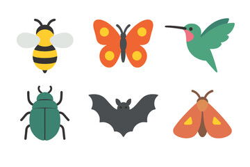 Insects and animals flat icons set. featuring bee, butterfly, hummingbird, beetle, bat, moth
