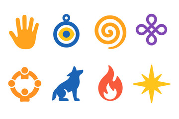 Mystical elements flat icon set. featuring hand, amulet, spiral, knot, globe, wolf, flame, and starburst icons