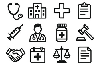 Medical and legal silhouette icon set. featuring stethoscope, hospital, cross, clipboard, syringe, doctor, medicine, gavel, handshake, calendar, scales, document