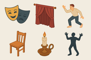 Theater and performance flat icon set. featuring mask, curtain, actor, chair, candle, shadow