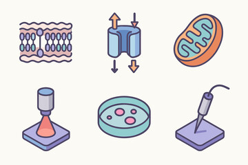 Biotechnology flat icon set. featuring cell membrane, ion channel, mitochondria, laser cutting, petri dish, microinjection
