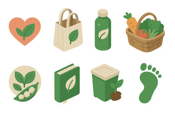 Eco lifestyle flat icon set. featuring heart, bag, bottle, basket, peas, book, container, footprint