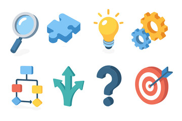 Business strategy 3d icon set. featuring puzzle, magnifying glass, lightbulb, gears, flowchart, arrows, question mark, target