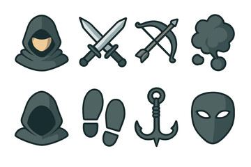 Medieval adventure flat icon set. featuring assassin, sword, shield, bow, cloak, footprints, grappling hook, mask