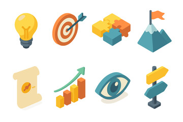 Business strategy flat icon set. featuring light bulb, target, puzzle, mountain, graph, document, eye, signpost