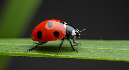 Fototapeta premium A ladybug with a bright red shell and black spots stands on a green leaf against a dark gray background
