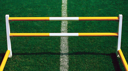 Yellow and white hurdle on a green athletic track field