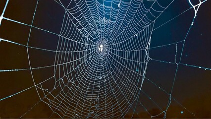 Naklejka premium Intricate spiderweb glistening with morning dew drops in a dark, moody forest setting for nature concept