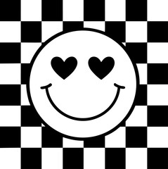 Smiley face with heart eyes on checkerboard background, romantic emoji symbol of love