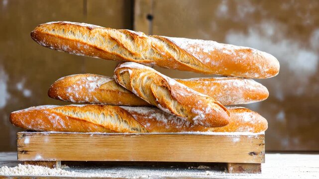 Fresh baguette stack shifts on rustic wooden table, highlighting artisan bread movement