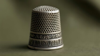 Ornate silver thimble with embossed floral and geometric patterns sits on a muted green surface.  Close-up view highlighting its detailed craftsmanship