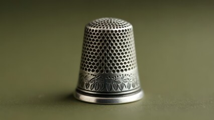 Ornate silver thimble with a textured surface and decorative base, set against a muted olive-green backdrop