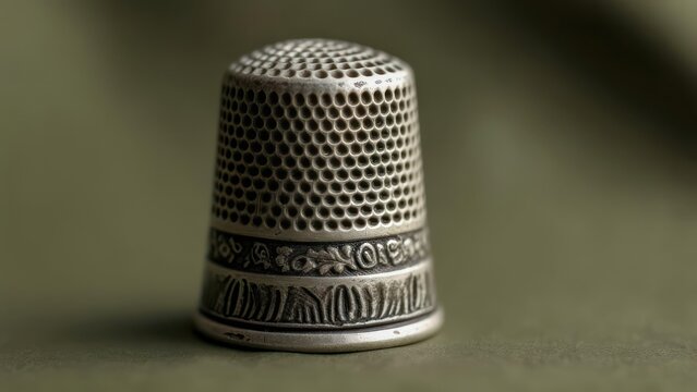 Ornate silver thimble with embossed floral and geometric patterns sits on a muted green surface.  Close-up view highlighting its detailed craftsmanship