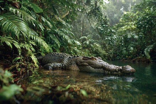 Large crocodile resting partially submerged in a tropical rainforest river, surrounded by lush green vegetation, creating a captivating scene of wildlife in its natural habitat