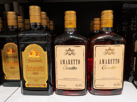 Variety of Amaretto Liqueurs on Store Shelf