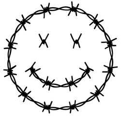 Barbed wire smiley face with crossed eyes, punk grunge rebellious emoji design