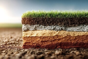 Different layers of soil showing grass, topsoil, subsoil, and bedrock are visible in a cross section revealing the composition of the earth beneath a grassy field