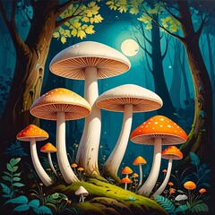 Forest mushrooms under moonlight