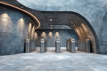 Modern underground access control station showcasing sleek ticket barriers illuminated by soft ambient lighting against textured concrete walls creating a streamlined urban transport aesthetic
