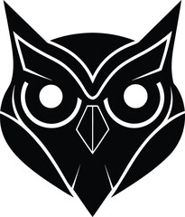 A cute black and white vector drawing of a cat-like owl face with big eyes