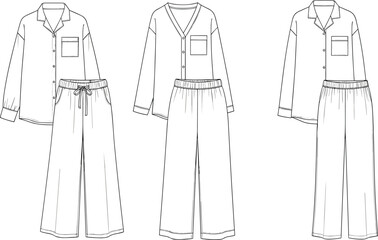 Women’s pajama set front and back technical fashion flat sketch with button-down top and wide-leg pants, cad vector template