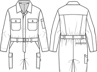 Utility jumpsuit fashion cad sketch front and back view with belt and cargo pockets, flat vector technical drawing template © Hey There