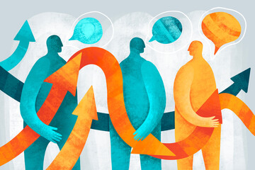 People engage in conversation with arrows symbolizing exchange