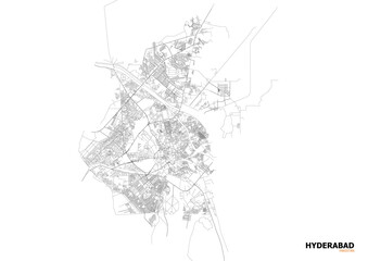 A clean black and white vector map of Hyderabad’s highway system and major road networks for navigation and design.