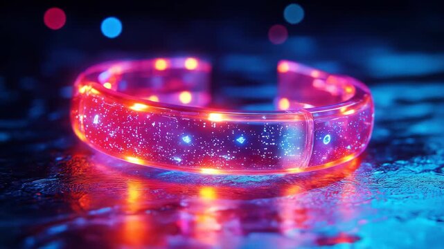 Glowing futuristic headband with digital speckles on a glossy surface