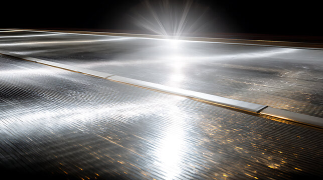 Sunlight reflecting off a metallic surface with parallel grooves and a bright central glare