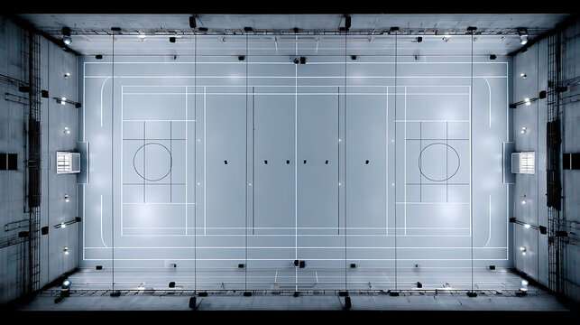 Aerial view of an empty indoor basketball court with illuminated markings and overhead lighting