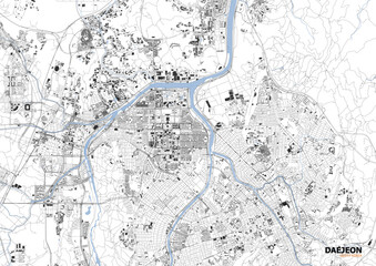 A detailed close-up vector map of Daejeon highlighting highways, buildings, and waterways in black and white outline style.