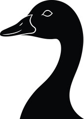 A cute white duck head with a black beak is a simple drawing of a wild water bird