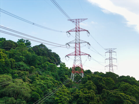 Power Transmission Towers on a Green Hillside
