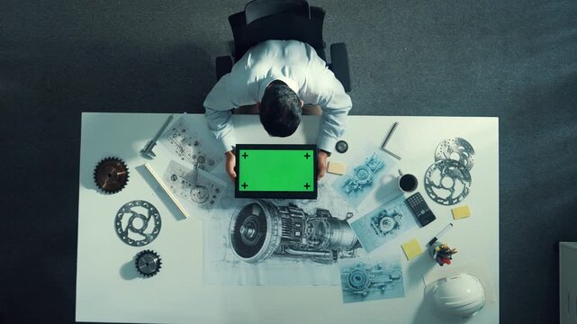 Top view of skilled engineer writing in paper while looking at tablet display green screen with turbine engine sketch design and metal gear and architectural equipment scatter around. Alimentation.