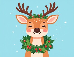 Fototapeta premium Cute Deer with Christmas Wreath Illustration. Flat vector illustration of a cute deer with a Christmas wreath around its neck, festive seasonal design blue background.