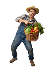 A determined farmer in a straw hat and overalls struggles to carry a heavy basket overflowing with fresh, organic vegetables, highlighting harvest effort and healthy eating.