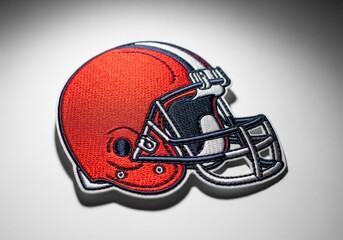 Embroidered red football helmet patch with navy facemask and white stripe on white background showing textured stitching detail