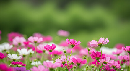 Fototapeta premium Vibrant cosmos flower field blooms in a serene green garden setting