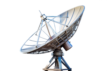 Large satellite dish antenna communicating with space focused on a vast sky isolated on transparent background