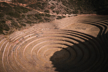 Moray Inca agricultural terraces with Andean mountains