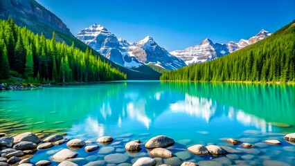 Turquoise lake reflecting snow capped mountains and evergreen forest