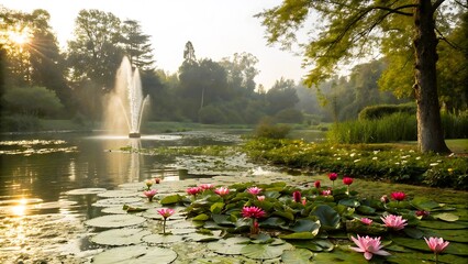 Tranquil garden pond with water lilies and fountain at sunrise