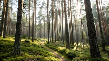 Obraz premium Sunlight filtering through tall pine trees onto a mossy forest path